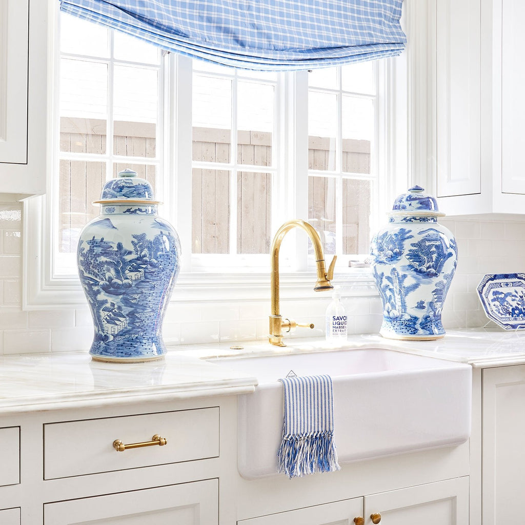 Blue & White Landscape Temple Jar