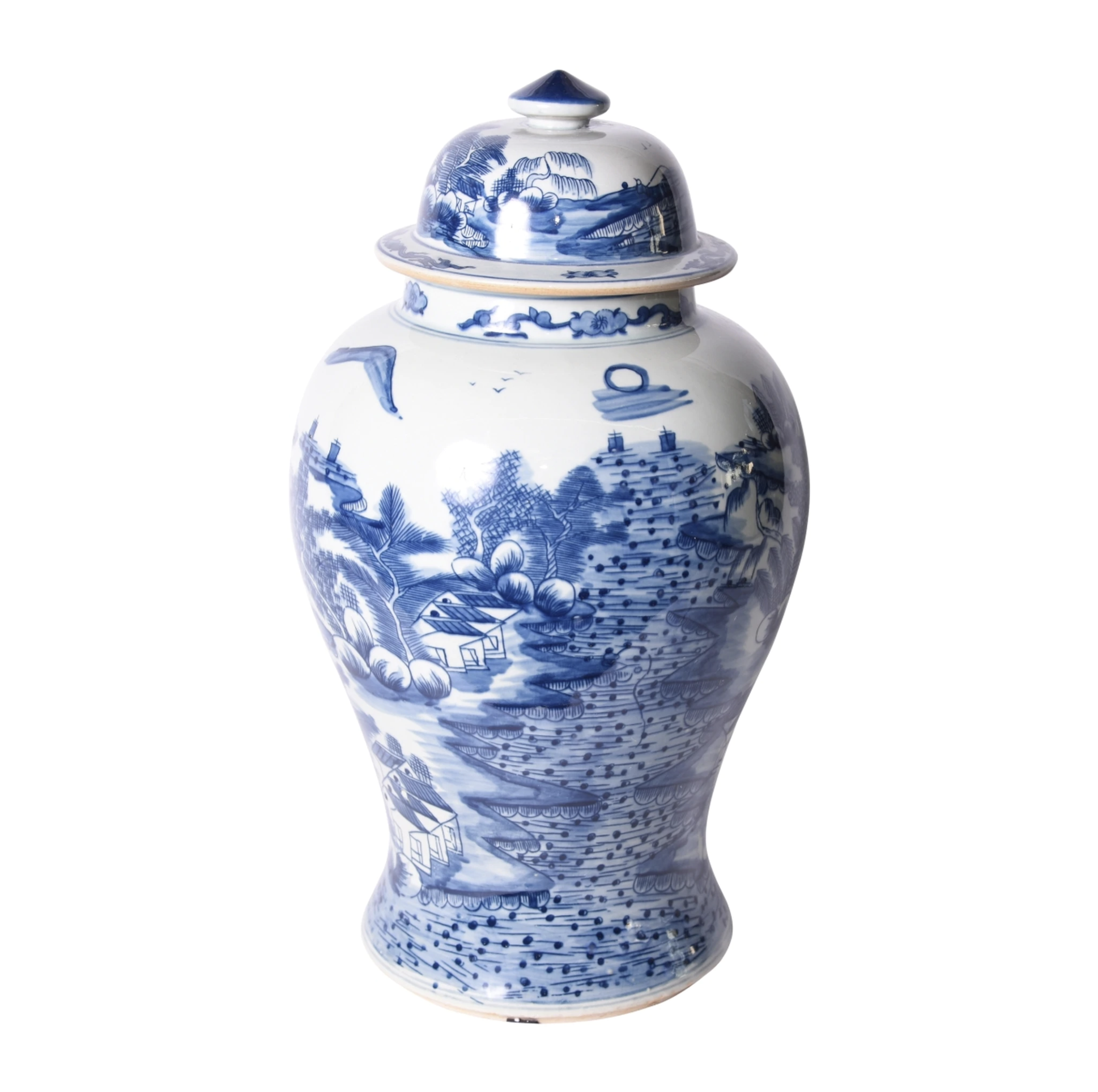 Blue & White Landscape Temple Jar